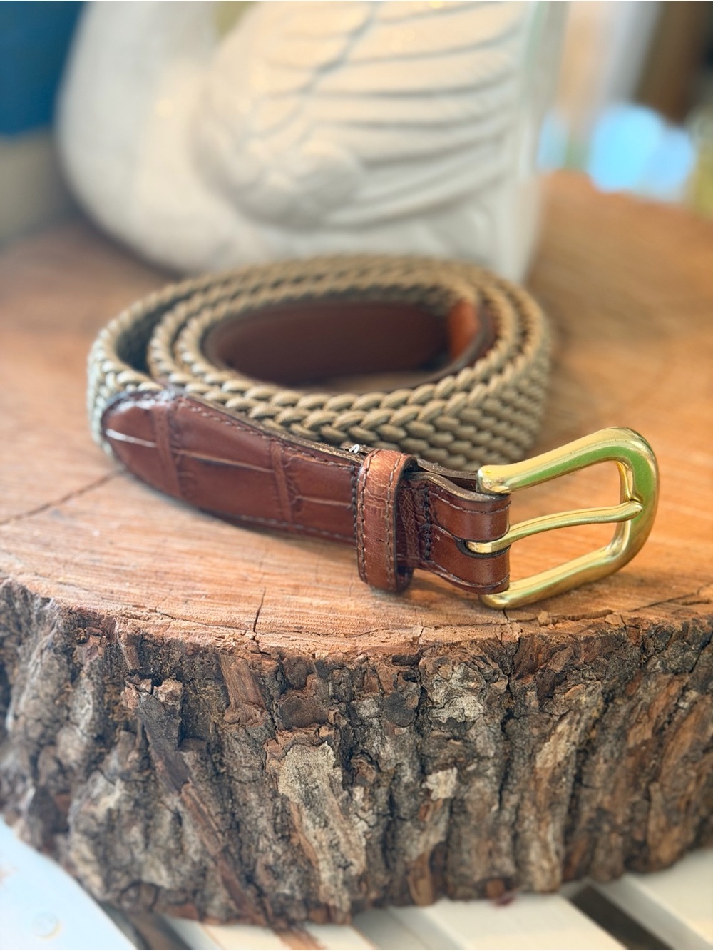 Brighton Beige Woven Elastic Cord Belt Brown Croco Leather Tab. Men’s Sz-36
